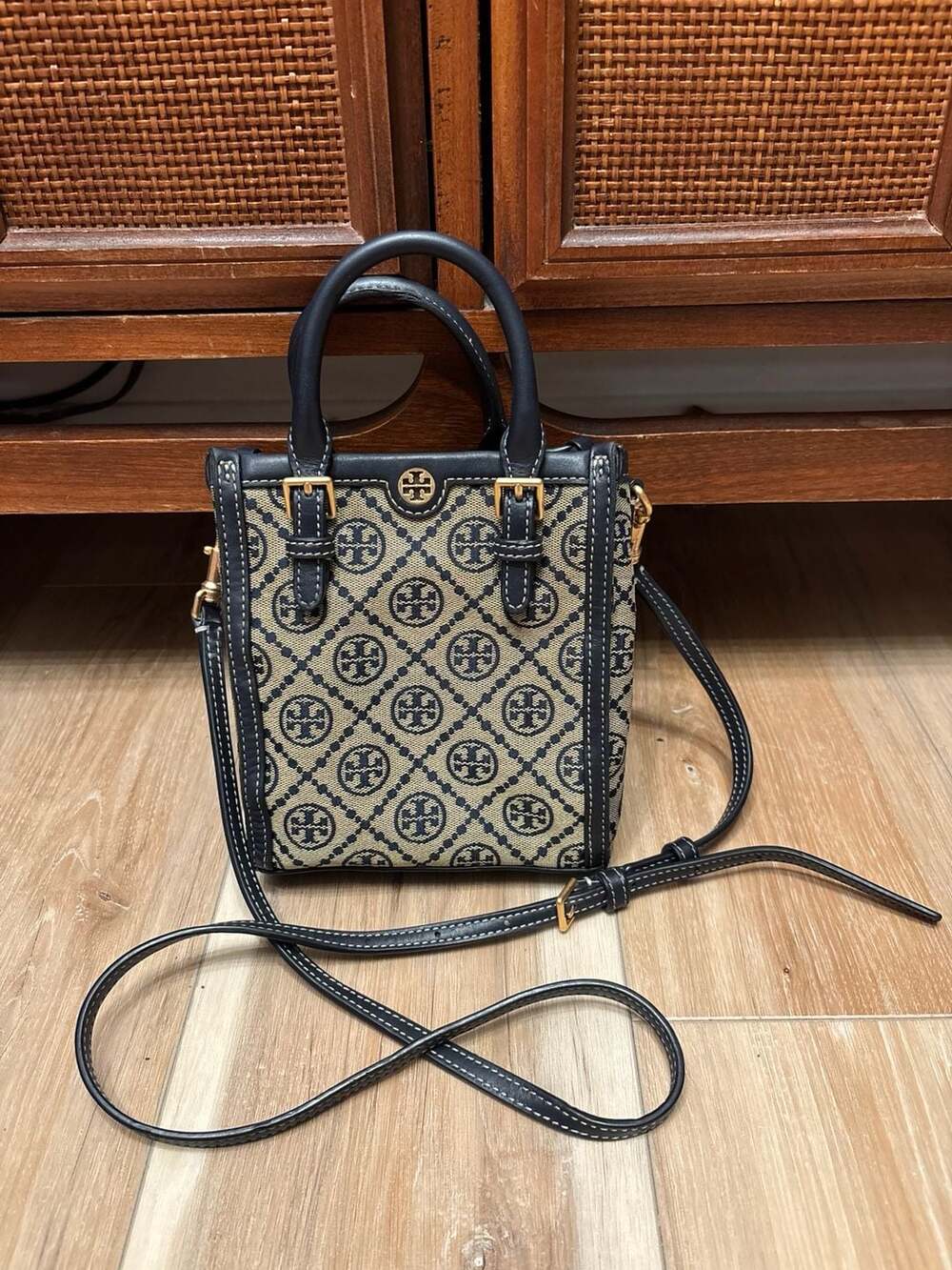 Tory Burch T Monogram Jacquard Mini Tote Bag dark Navy and Yellow